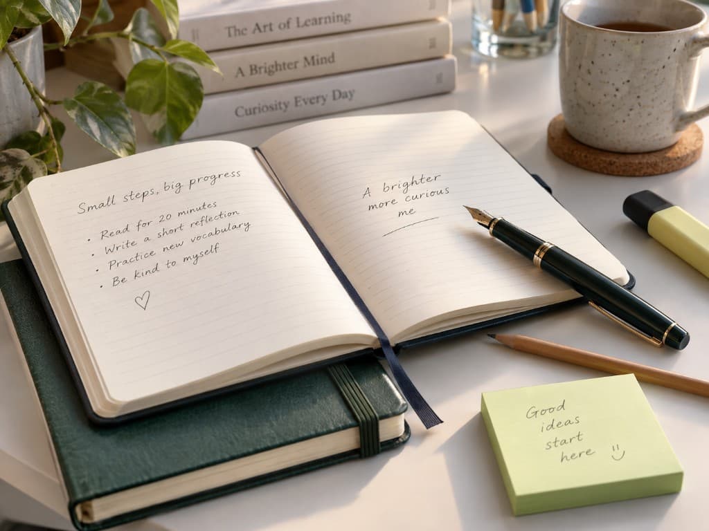 Open notebook with learning goals on a bright study desk